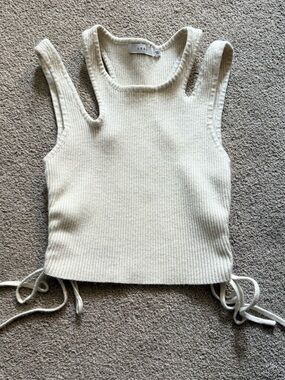 Lush Cream Ribbed Double-Strap Tank Crop Top Ruch Adjustable Sides Sz Small